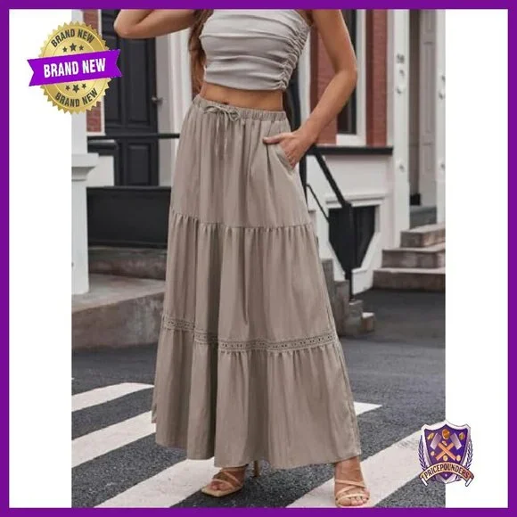 Boho Lace Trim Maxi Skirt with Pockets, Tiered Swing A-Line - Picture 4 of 7